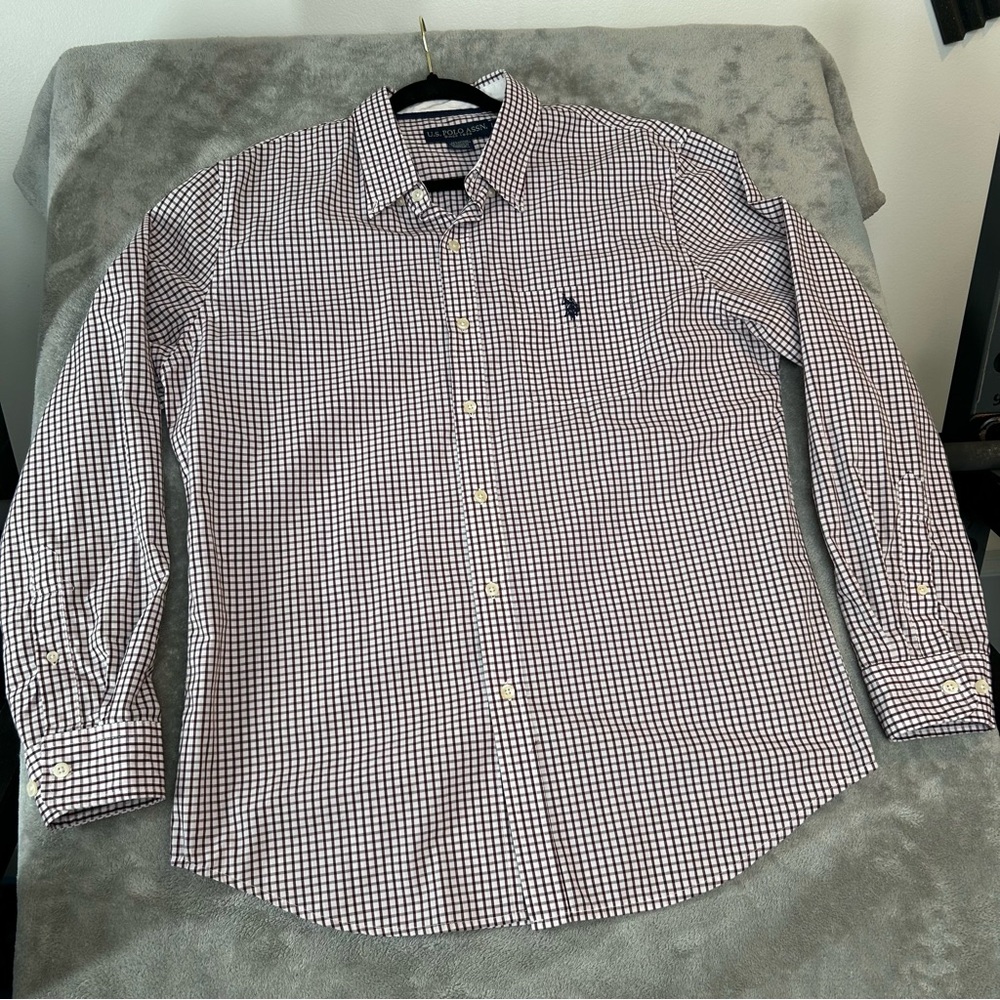 U.S. Polo Association Men's White Red Plaid Button Down Shirt Long Sleeve Size L